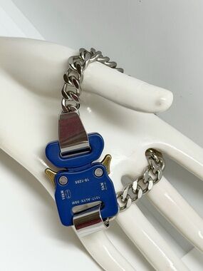 Chunky Silver Chain Bracelet with Blue Buckle Detail